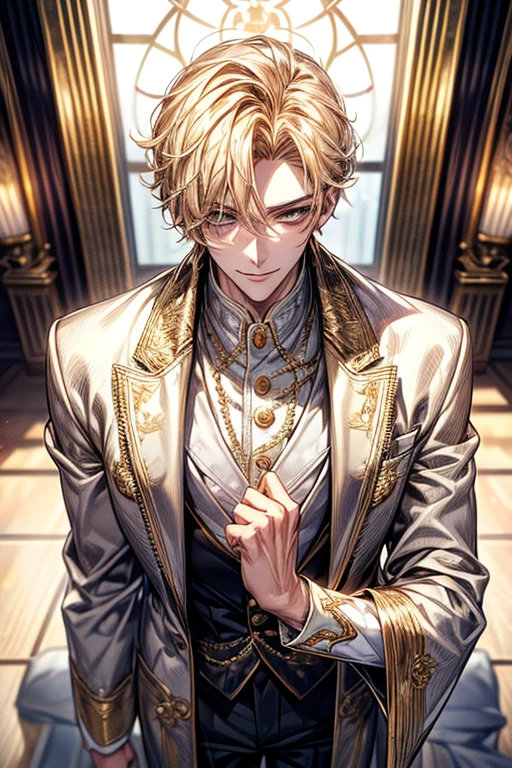 ((masterpiece:1.2、top-quality))、1male people(((short straight detailed hair、Golden hair)))、Golden Eyes(a handsome:1.4)、long eyelashes、white suit、Fantasia、校服、royalty、blooming flowers、sunlights、Royal bedroom、extra detailed face、Invincible smile、Depiction in motion、Tホテルのmasterpiece,best qualtiy,As a man-、アニメa handsomeな男,Wearing strict royal attire, white and gold royal costume, a handsomeなアニメのポーズ, a handsomeな見事なリアルな,Eyes are yellow、Center division、Forehead、A sexy、Tall、190cm、manly、handsome man、Beautiful shape、Best style、Cool face、Model Pose、A slight smil、 Detailed background, 拡散sunlights,Angle from above