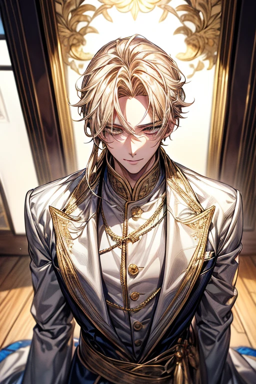 ((​masterpiece:1.2、top-quality))、1male people(((short straight detailed hair、Golden hair)))、Golden Eyes(a handsome:1.4)、long eyelashes、white suit、Fantasia、校服、royalty、blooming flowers、sunlights、Royal bedroom、extra detailed face、Invincible smile、Depiction in motion、Tホテルの​masterpiece，best qualtiy，As a man-、アニメa handsomeな男,Wearing strict royal attire, white and gold royal costume, a handsomeなアニメのポーズ, a handsomeな見事なリアルな,Eyes are yellow、Center division、Forehead、A sexy、Tall、190cm、manly、handsome man、Beautiful shape、Best style、Cool face、Model Pose、A slight smil、 Detailed background, 拡散sunlights,Angle from above