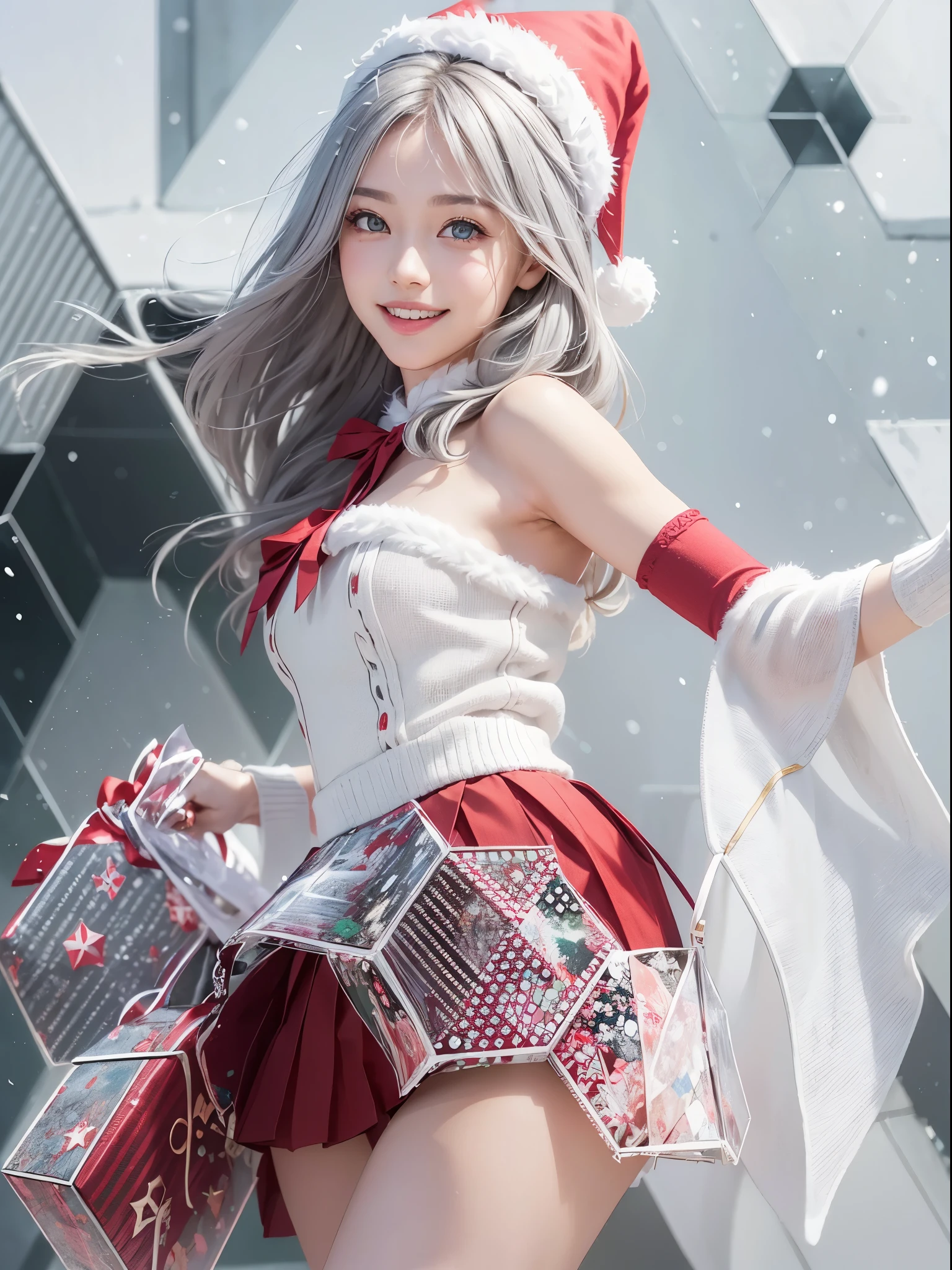 (Realistic:1.8), (Digital art:0.2), (Geometric art:1.7),(agpi official art, beautiful and aesthetic, ultra detailed, beautiful, masterpiece, best quality:1.6), (1girl:1.2), Detailed face, Detailed eyes, Detailed hair, young fingers, Detailed fingers, five fingers,
_
BREAK cute ig model, Japanese cute model, 22 years old, Tightened all body, small head, small face, small mouth, diamond Face, small nose, Sharp Faceline, (dropy eyes, Double eyelid, Light color eyes, Glossy eyes, Shiny eyes:1.2), Shiny skin, shiny hair, (gray hair:1.2),
_
BREAK (happy, smile, Teeth, Glossy Lip:1.2),beautiful Teeth, (upper body:1.5), from side,
_
BREAK (Cute Christmas theme:1.2), (fluffy Santa hat with ribbon:1.2), (adorable red and white candy cane-striped off-shoulder top:1.2), (short length green pleated skirt with subtle Polka dot pattern:1.2), (festive knee-high socks with small bows:1.2), (festive red and green ankle boots:1.2), BREAK (sparkling snowfall background:1.2), (joyful expression:1.2), (holding a cute gift box with a big bow:1.2), (gentle snow breeze:1.2),