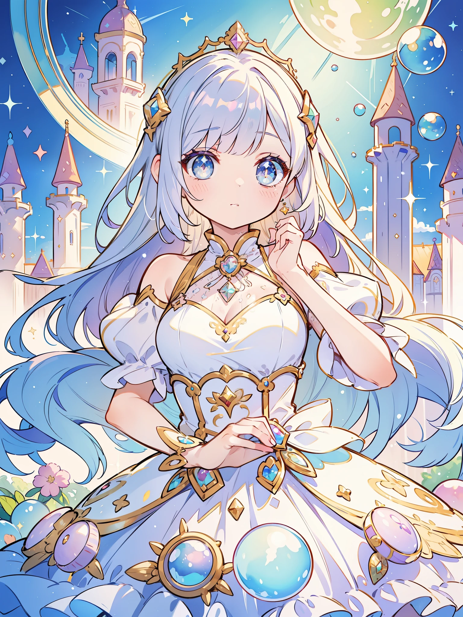 masterpiece, best quality, 8k resolution, sharp focus, intricate detail, beautiful girl, sparkling eyes, golden ratio face, otherworldly liquid, watercolor, ((pastel color)), bright colors, whimsical, colorful, sharp focus, high resolution, fine detail, princess fantasy ballgown, ((round eyes)), iridescent bubbles, castle landscape in background