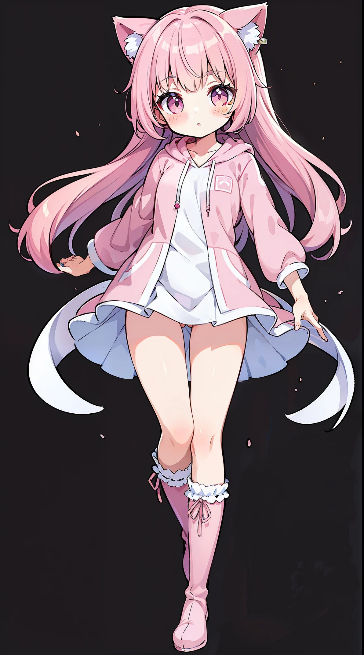 Cute girl with cat ears, Japanese anime style, Moe style, whole body (shown from head to toe), alone, standing, authentic and highly detailed body, petite, girl, young, , long Hair, bangs, pink hair, authentic and highly detailed face, authentic and highly detailed beautiful eyes, authentic and highly detailed arms and hands, authentic and highly detailed human hands (fingers) 5 pieces), a stunningly beautiful girl, delicate and beautiful pink cat eyes, real skin texture, pink hoodie, miniskirt, and authentic and highly detailed pink striped knee-high socks. (length above the thigh), authentic and highly detailed knee-high long boots (length above the thigh)