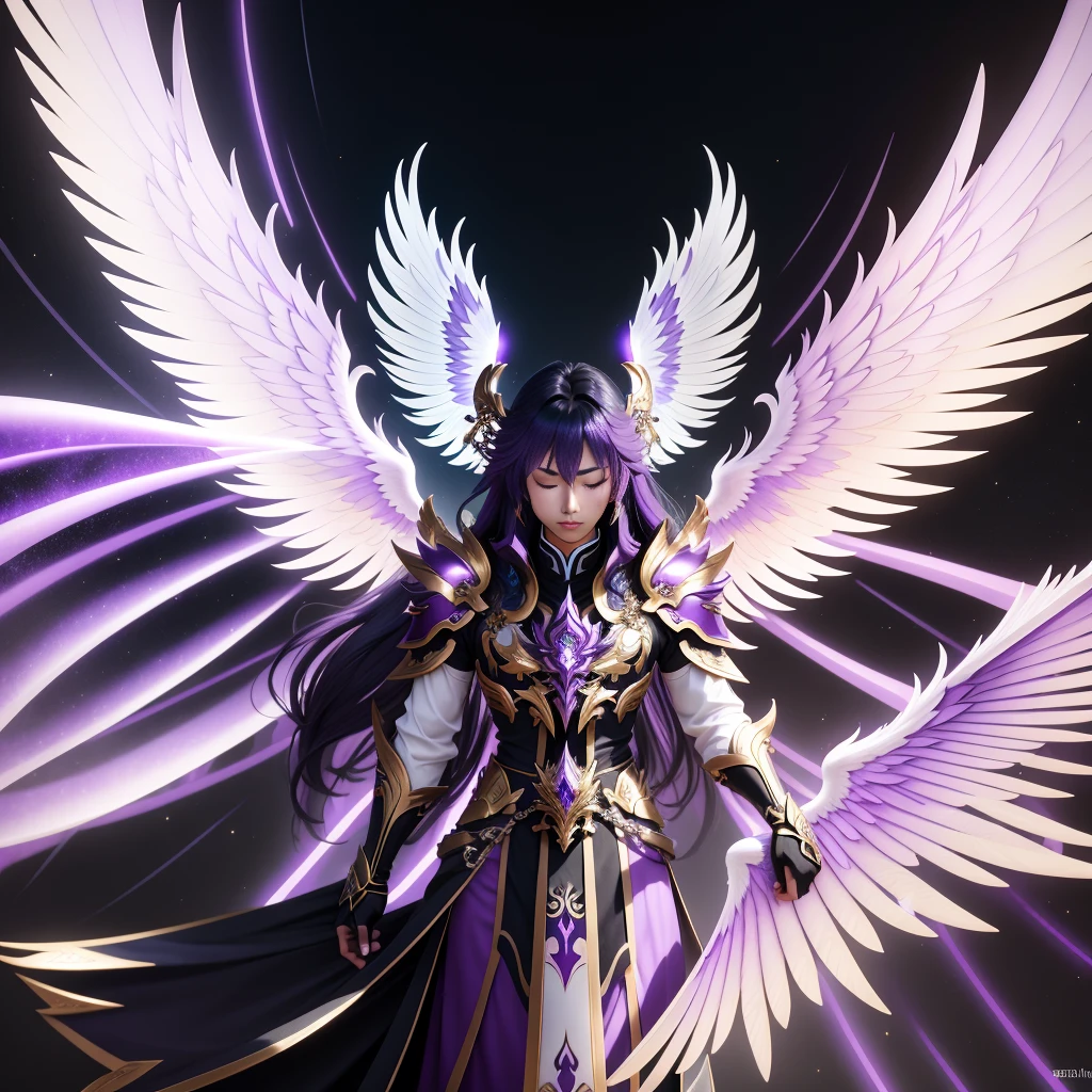 Close-up of a person with wings on a purple background, keqing from genshin impact, Ayaka Genshin Impact, unreal engine render saint seiya, zhongli from genshin impact, genshin impact character, ayaka game genshin impact, LE SSERAFIM, shadowverse style, ethereal anime, aion, inspired by Huang Shen, archangel