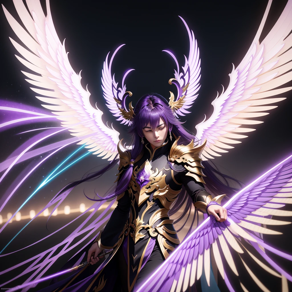 Close-up of a person with wings on a purple background, keqing from genshin impact, Ayaka Genshin Impact, unreal engine render saint seiya, zhongli from genshin impact, genshin impact character, ayaka game genshin impact, LE SSERAFIM, shadowverse style, ethereal anime, aion, inspired by Huang Shen, archangel
