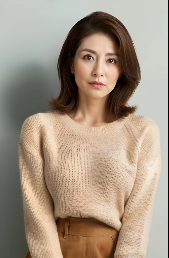 masuter piece, top-quality, masterpiece, hight resolution, Photorealsitic, sharp, Raw photography, 8k wallpaper, flawless, profetional lighting, ighly detailed, depth of fields,Pale solid color background, ((one beautiful women, japanese mature)), (50 years old)), Female sexy, Detailed face, beautidful eyes, bangss, small breasts of good shape, Light Brown Straight Hair, Faint lips, ((standing at front、Staring at the viewer, serious face eyes.)), Sweaters, skirt by the, fully body photo, cowboy shot