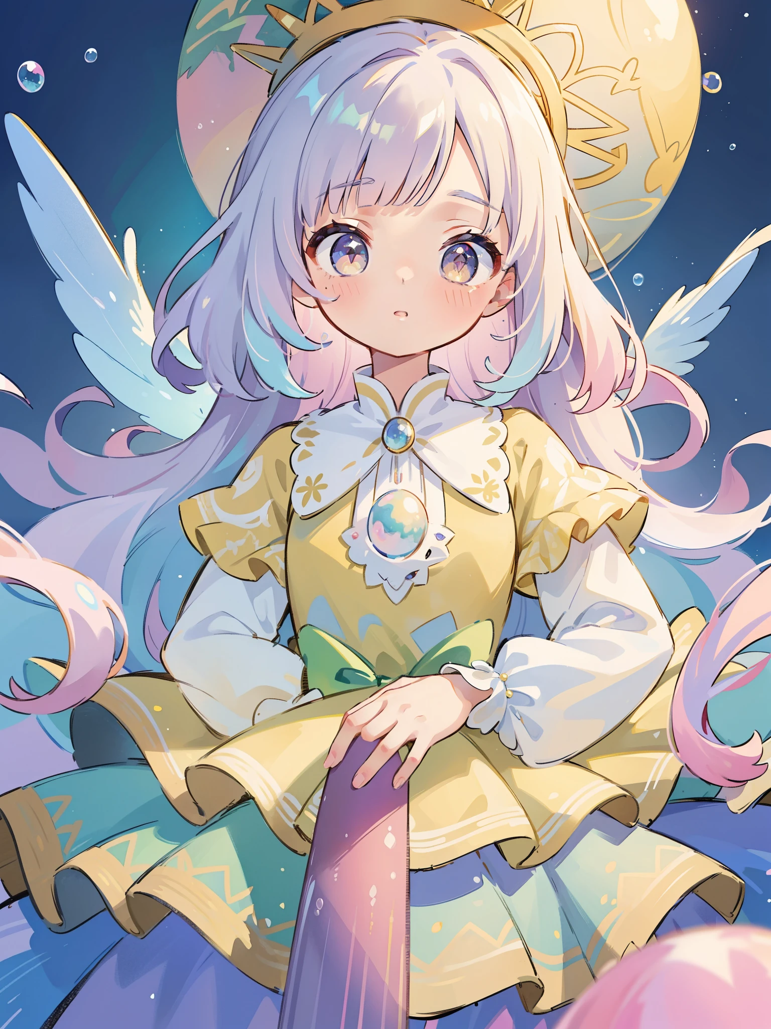 masterpiece, best quality, 8k resolution, sharp focus, intricate detail, beautiful girl, sparkling eyes, golden ratio face, otherworldly liquid, watercolor, pastel colors, bright colors, whimsical, colorful, sharp focus, high resolution, fine detail, ((layered tiered puffy long sleeves ballgown)), ((round eyes)), iridescent bubbles, fantasia background