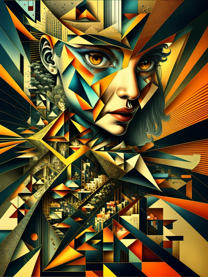 Fractured Visage This abstract portrait fractures the face into a myriad of geometric shapes. The sharp planes slice the visage into triangles, rectangles and parallelograms that overlap in a disjointed symmetry. One eye peeks out from an angled shard while the hint of a nose is visible through a trapezoidal window. The mouth is formed by two intersecting planes, red and orange that convey a sense of warmth. As the polygons overlap, they capture and reflect light across the face, creating an illusory glow and depth. The precisely arranged fractured planes suggest a crystalline, kaleidoscopic vision of the portrait from multiple dimensions simultaneously. The subject's face becomes a prism, refracting their likeness through the complex geometry of cubist abstraction.