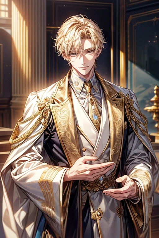 ((masterpiece:1.2、top-quality))、1male people(((short straight detailed hair、Golden hair)))、Golden Eyes(a handsome:1.4)、long eyelashes、white suit、Fantasia、校服、royalty、blooming flowers、sunlights、Royal bedroom、extra detailed face、Invincible smile、Depiction in motion、Tホテルのmasterpiece,best qualtiy,As a man-、アニメa handsomeな男,Wearing strict royal attire, white and gold royal costume, a handsomeなアニメのポーズ, a handsomeな見事なリアルな,Eyes are yellow、A sexy、Tall、190cm、manly、handsome man、Beautiful shape、Best style、Cool face、Model Pose、A slight smil、 Detailed background, 拡散sunlights,