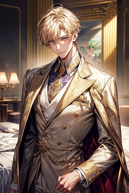((masterpiece:1.2、top-quality))、1male people(((short straight detailed hair、Golden hair)))、Golden Eyes(a handsome:1.4)、long eyelashes、white suit、Fantasia、校服、royalty、blooming flowers、sunlights、Royal bedroom、extra detailed face、Invincible smile、Depiction in motion、Tホテルのmasterpiece,best qualtiy,As a man-、アニメa handsomeな男,Wearing strict royal attire, white and gold royal costume, a handsomeなアニメのポーズ, a handsomeな見事なリアルな,Eyes are yellow、A sexy、Tall、190cm、manly、handsome man、Beautiful shape、Best style、Cool face、Model Pose、A slight smil、 Detailed background, 拡散sunlights,