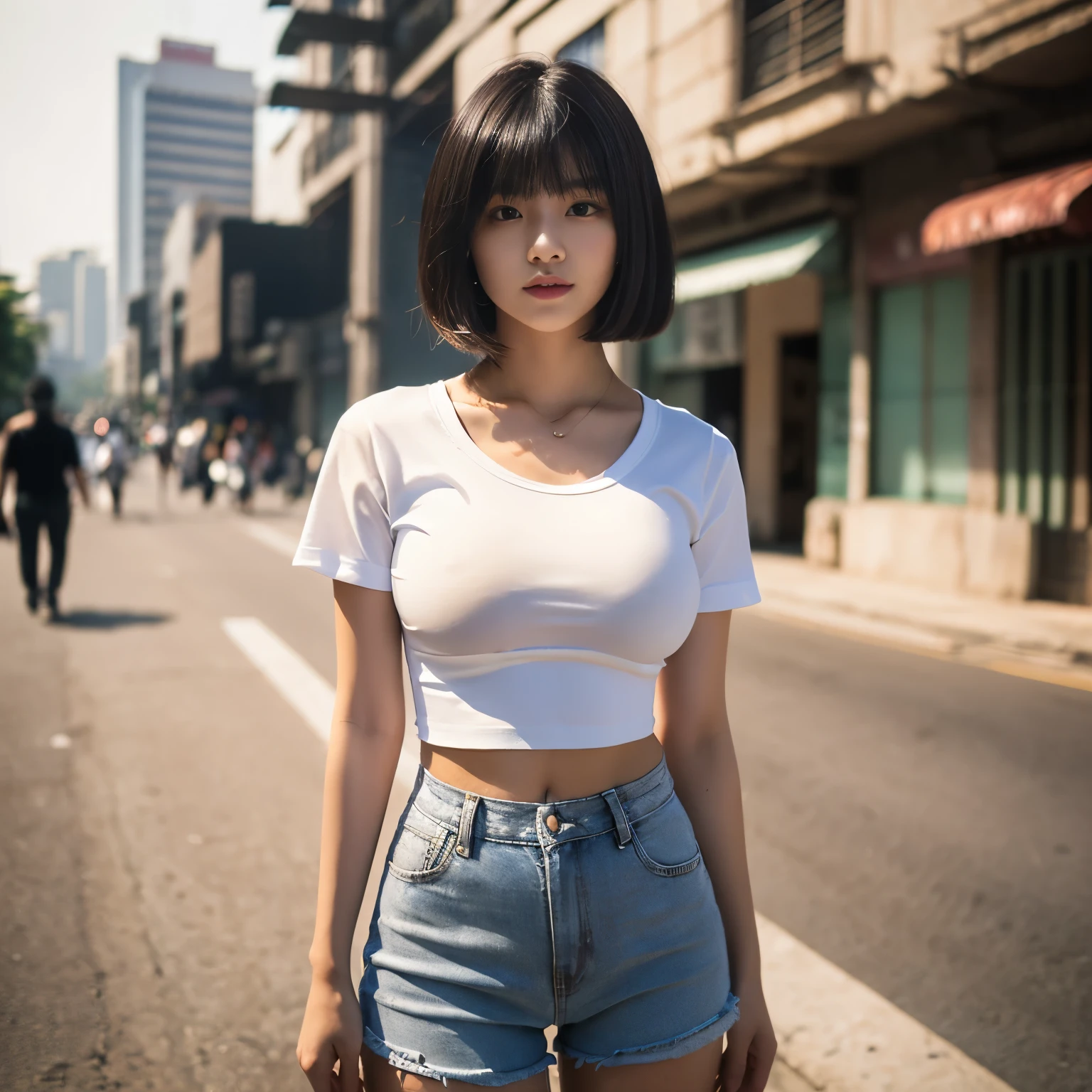 Professional, realistic, High level of detail, Full body photo of 18 years old woman, korean, Tight shorts, (White crop top t-shirt:1.3), (glossy black hair in blunt bob:1.3), full body, Standing posing for a photo, on a street ,Natural light, (Attractive young woman:1.3), (seductive:1.1), (blush:1.1), round and big breasts, cleavage at south jakarta buildings