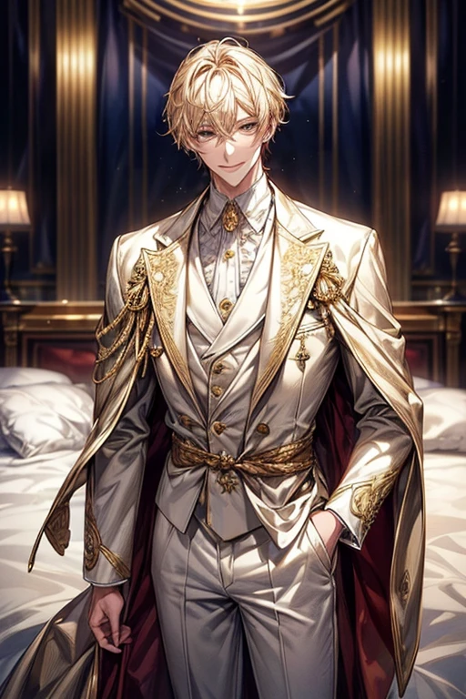 ((​masterpiece:1.2、top-quality))、1male people(((short straight detailed hair、Golden hair)))、Golden Eyes(a handsome:1.4)、long eyelashes、white suit、Fantasia、校服、royalty、blooming flowers、sunlights、Royal bedroom、extra detailed face、Invincible smile、Depiction in motion、Tホテルの​masterpiece，best qualtiy，As a man-、アニメa handsomeな男,Wearing strict royal attire, white and gold royal costume, a handsomeなアニメのポーズ, a handsomeな見事なリアルな,Eyes are yellow、A sexy、Tall、190cm、manly、handsome man、Beautiful shape、Best style、Cool face、Model Pose、A slight smil、 Detailed background, 拡散sunlights、