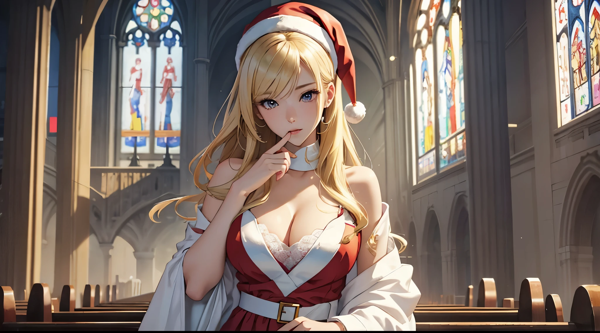 One girl, Masterpiece, best quality, White headphone, blonde, korean woman, tall, slender, beautiful face, detailed face, detailed fingers, show full height, anime pastel, cleavage, Santa outfit, standing in front of church