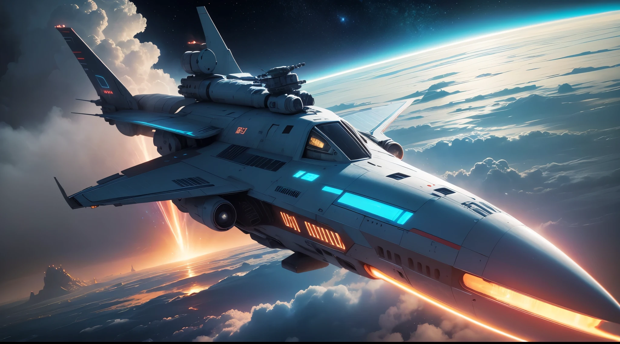 nave espacial volando sobre una superficie rocosa con un planeta al fondo, Nave espacial SCI - FI en combate, Nave espacial SciFi, Aterrizaje de naves espaciales, Nave espacial futurista, Nave espacial futurista, Science fiction spaceships, Arte conceptual de la nave espacial,science fiction images, science fiction images, Awesome sci-fi concept art, sci-fi concept art, sci-fi concept art, Render 3D HHD 8K, imagen hyper realista, real photograph, cinematography lighting, planeta rojo, fuselaje de colores vibrantes rojo, azul y blando, pinturas resinas y lacas brillantes