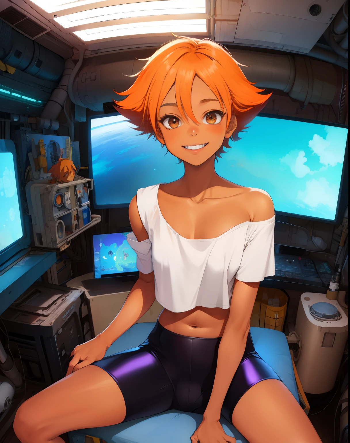 Edward,midriff,orange hair,white shirt,off shoulder,collarbone,dark skin,
bike shorts,goggles, brown eyes, 
space station,engine room,
upper body,sitting,smiling,playing video games, holding video game controller
(insanely detailed, beautiful detailed face, masterpiece, best quality),