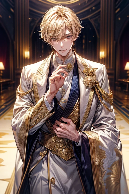 ((​masterpiece:1.2、top-quality))、1male people(((short straight detailed hair、Golden hair)))、Golden Eyes(a handsome:1.4)、long eyelashes、white suit、Fantasia、校服、royalty、blooming flowers、sunlights、royal hall hall、extra detailed face、Invincible smile、Depiction in motion、Tホテルの​masterpiece，best qualtiy，As a man-、アニメa handsomeな男,Wearing strict royal attire, white and gold royal costume, a handsomeなアニメのポーズ, a handsomeな見事なリアルな,Eyes are yellow、A sexy、Tall、190cm、manly、handsome man、Beautiful shape、Best style、Cool face、Model Pose、A slight smil、 Detailed background, 拡散sunlights、
