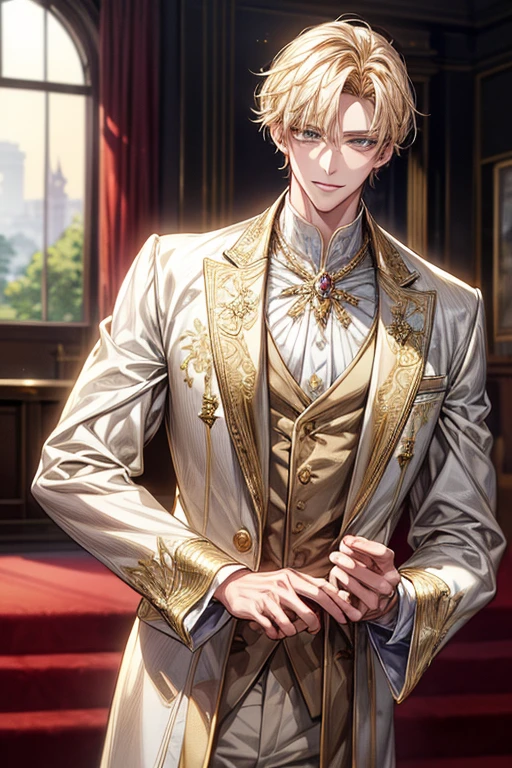 ((​masterpiece:1.2、top-quality))、1male people(((short straight detailed hair、Golden hair)))、Golden Eyes(a handsome:1.4)、long eyelashes、white suit、Fantasia、校服、royalty、blooming flowers、sunlights、royal hall hall、extra detailed face、Invincible smile、Depiction in motion、Tホテルの​masterpiece，best qualtiy，As a man-、アニメa handsomeな男,Wearing strict royal attire, white and gold royal costume, a handsomeなアニメのポーズ, a handsomeな見事なリアルな,Eyes are yellow、A sexy、Tall、190cm、manly、handsome man、Beautiful shape、Best style、Cool face、Model Pose、A slight smil、 Detailed background, 拡散sunlights、