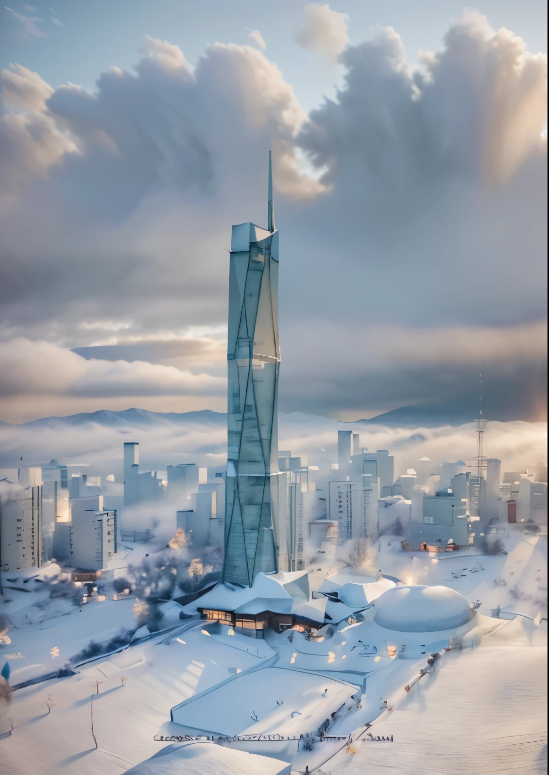 at winter season，Oyuki，snow landscape，The tree，（（（Rime））），the setting sun，thin fog，Dingdall effect，super-fine，tmasterpiece，8K，depth of fields，ultra - detailed，Meticulous portrayal，Ultra photo realsisim，Hyper-realistic