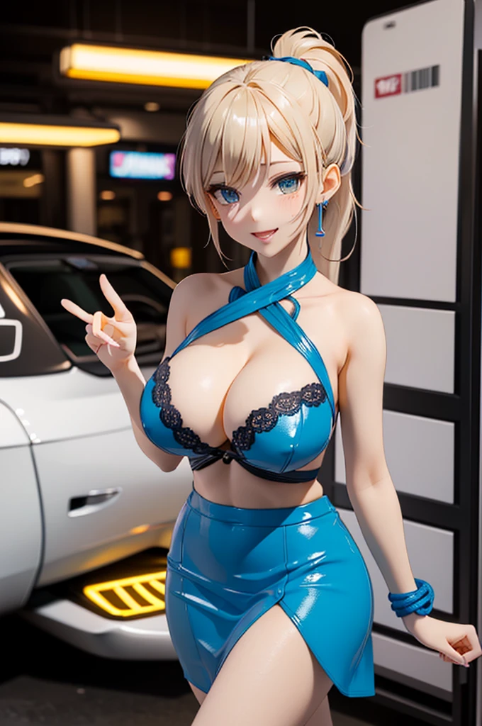 (Official art、Best Quality、Unity 8k Wallpapers、32K、ultra-detailliert、超A high resolution、realisitic、Photorealsitic:1.2、pvc revoltech)、(Cinematic lighting:1.2)、(Full body)、kawaii girl、Crying face、Acrylic Stand,Transparent blue two-piece lace queen costume、Charming,A sexy,vinyl mini skirt,cleavage of the breast、frilld、foco nítido、I opened my mouth a little、A slight smil、there were many spectators、(light blue braided ponytail、beautiful hair of blue color、 Blue eyes)、inside an acrylic box、service area,racing car、giant lcd monitor,