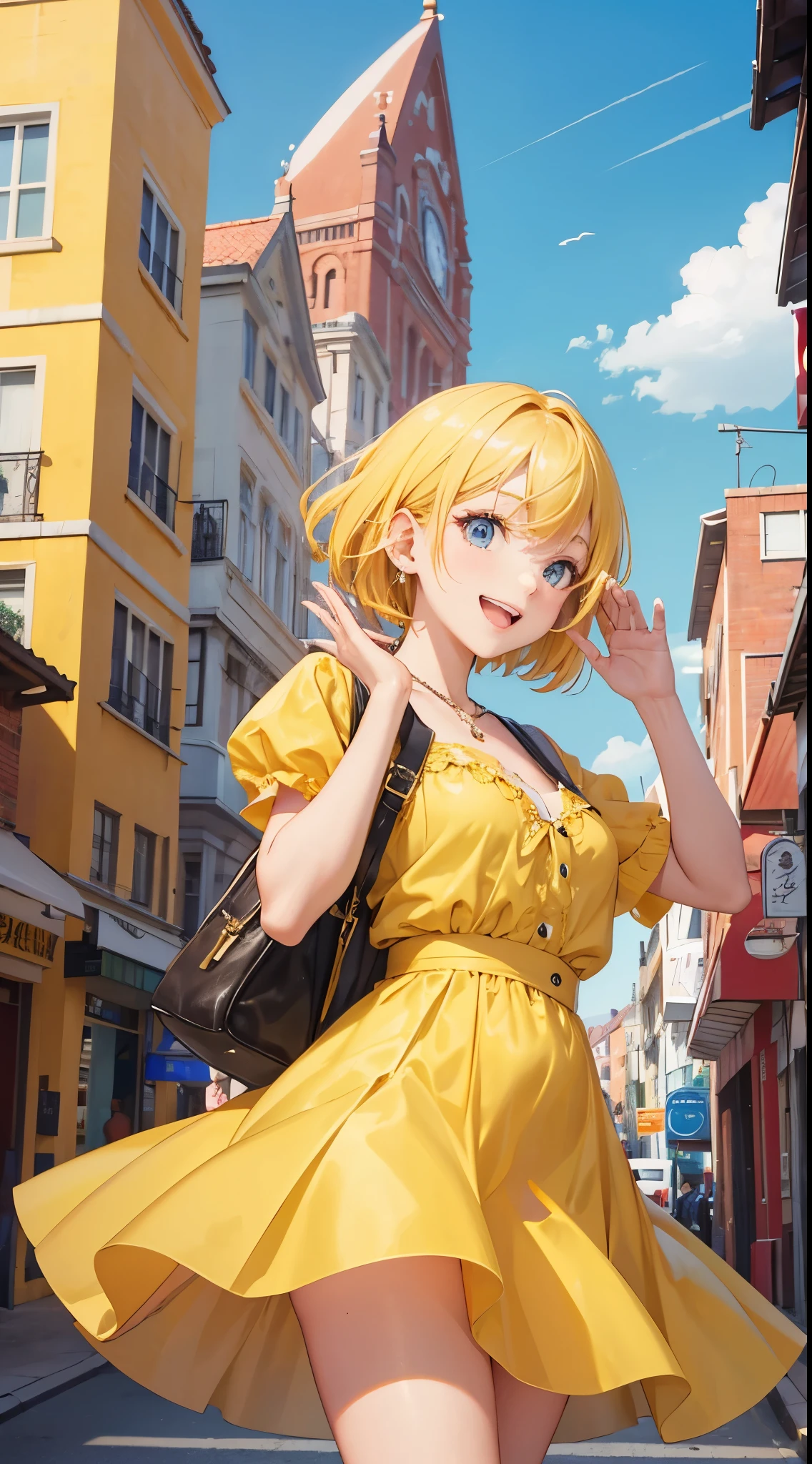 master piece,best quality, Solo lady,24 year old, beautiful eyes,cute, Jumping, Yellow summer dress, shy smile, I have my mouth wide open,yellow color hair, short hair, flipped hair, waving in a strong wind hair, Yellow City,colorful city,Will