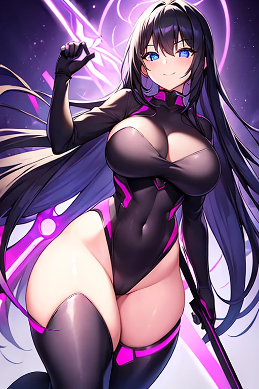 1girl, black hair, long hair, blue eyes, smile, breasts, large breasts, thick thighs, wide hips, bodysuit, black bodysuit, leotard, black thighhighs, purple trim, neon trim, futuristic, science-fiction, purple neon trim, sword