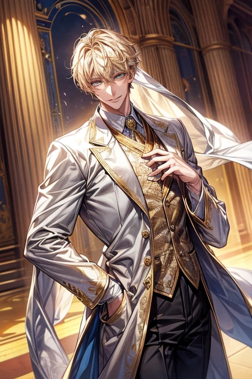 ((masterpiece:1.2、top-quality))、1male people(((short straight detailed hair、Golden hair)))、Golden Eyes(a handsome:1.4)、long eyelashes、white suit、Fantasia、校服、royalty、blooming flowers、sunlights、royal hall hall、 Detailed background, 拡散sunlights、extra detailed face、Invincible smile、Depiction in motion、Tホテルのmasterpiece,best qualtiy,As a man-、アニメa handsomeな男,Wearing strict royal attire, white and gold royal costume, a handsomeなアニメのポーズ, a handsomeな見事なリアルな,Eyes are yellow、A sexy、Tall、190cm、manly、handsome man、Beautiful shape、Best style、cool expression、Model Pose、A slight smil、