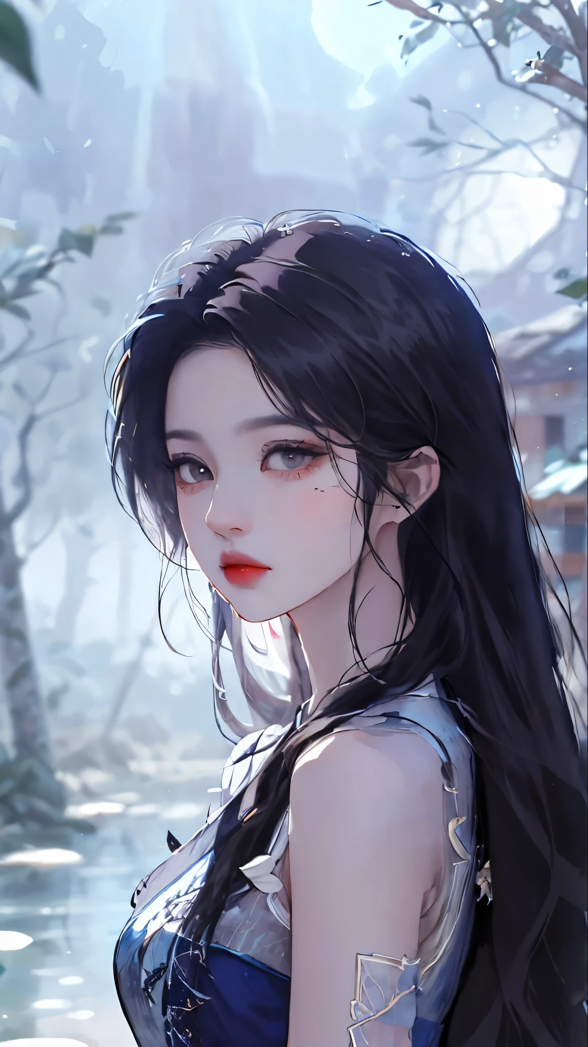 heroes'A masterpiece in the style of ancient Wei Zi,Close-up of a woman with black hair,Red dress,mistic,Antique rhyme,Exquisite epic character art,Presenting stunning aesthetics and antique atmosphere,The delicate brushstrokes and depth of field in the picture make you immersed in the scene,rays of moonlight,natta,Liu Yifei,blueglow,