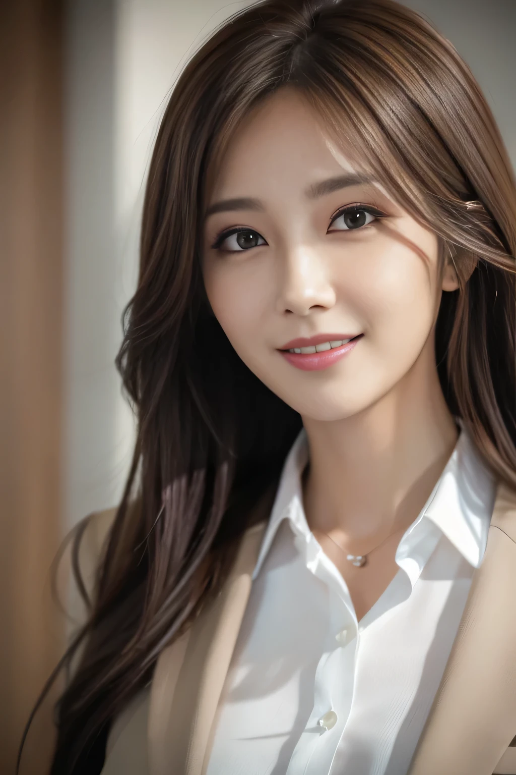 masutepiece, Best Quality, Photorealistic, Ultra-detailed, finely detail, High resolution, 8K Wallpaper, 1 beautiful woman,, light brown messy hair, in a business suit, foco nítido, Perfect dynamic composition, Beautiful detailed eyes, detailed hairs, Detailed realistic skin texture, Smiling, Close-up portrait, Model body type