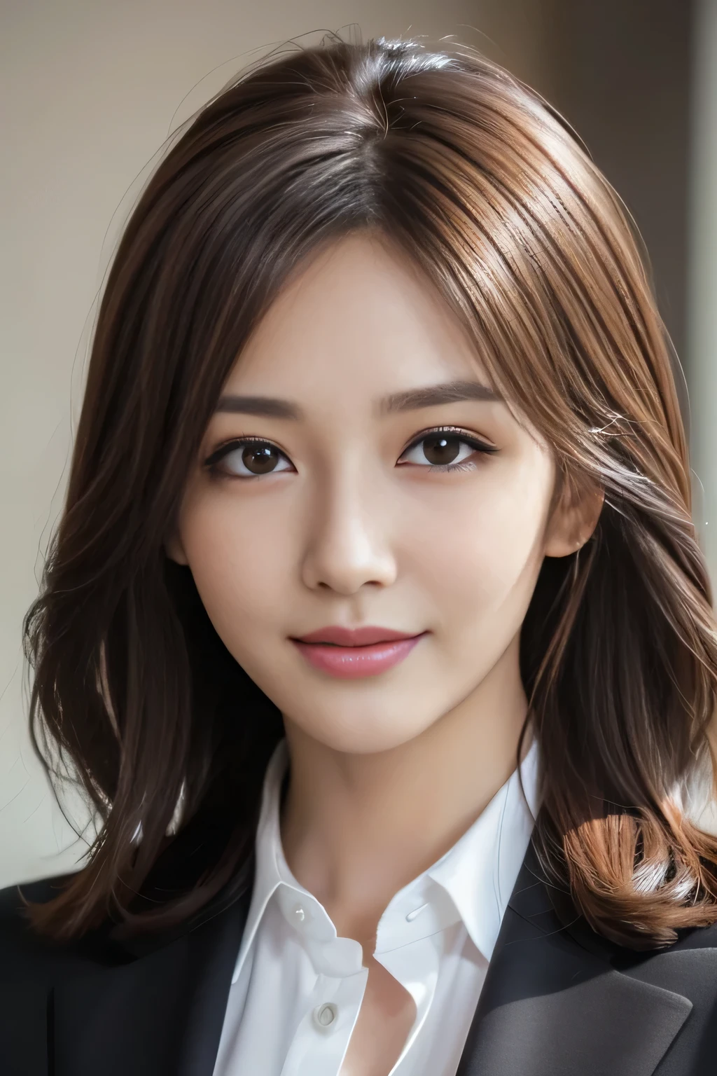 masutepiece, Best Quality, Photorealistic, Ultra-detailed, finely detail, High resolution, 8K Wallpaper, 1 beautiful woman,, light brown messy hair, in a business suit, foco nítido, Perfect dynamic composition, Beautiful detailed eyes, detailed hairs, Detailed realistic skin texture, Smiling, Close-up portrait, Model body type
