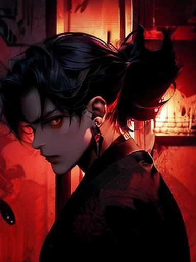 Cross Accessories、gazing at viewer、have a cross、Wearing a robe、Red Eyes、Wearing a red aura、with crosstantastic background、cute man、Best image、masterpiece、Fantastical、