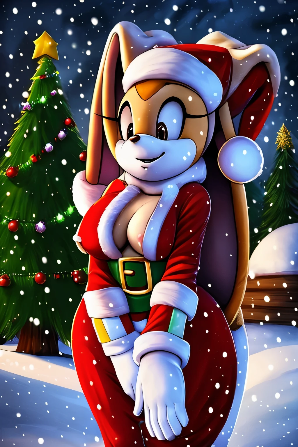 Christmas tree, mobians, snow, ambient, intricate detail, refined detail, High resolution, candy, christmas hat, Cream the Rabbit, Christmas gifts, (((santa costume))), wide hips, Green gloves, outdoors, lights, snow falling on forest, forest back, realistic fur, breasts,