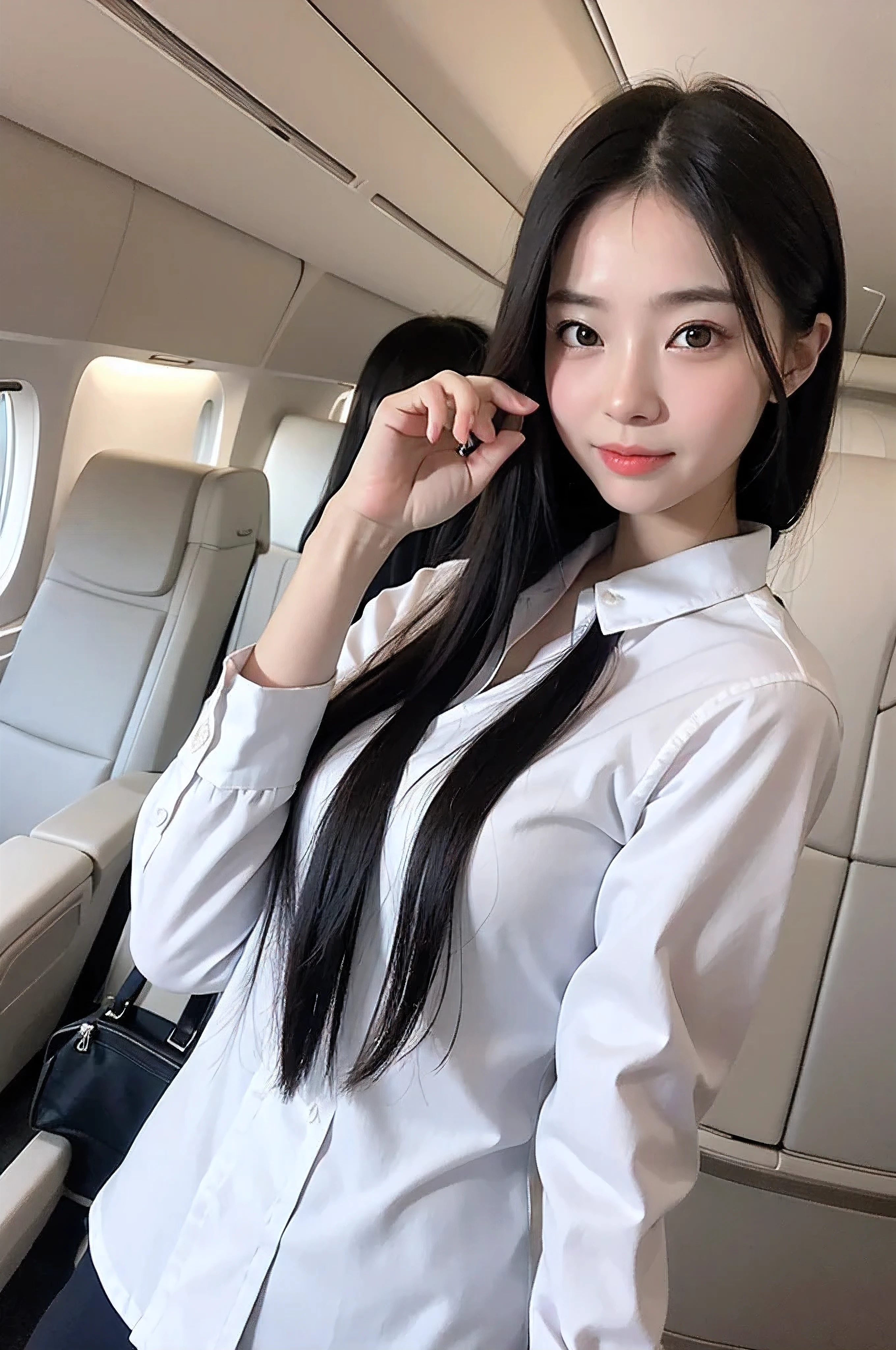 top-quality, masterpiece, 8K, 超A high resolution, (Photorealsitic:1.4), 1girl in、美丽的面容、symmetrical eye、Colossal tits、Perfect body proportion、Stewardess uniform、Look at viewers、(Inside the plane:1.2)、front-facing view、Shoulder、Absolute area(1.3)、Clear skin
