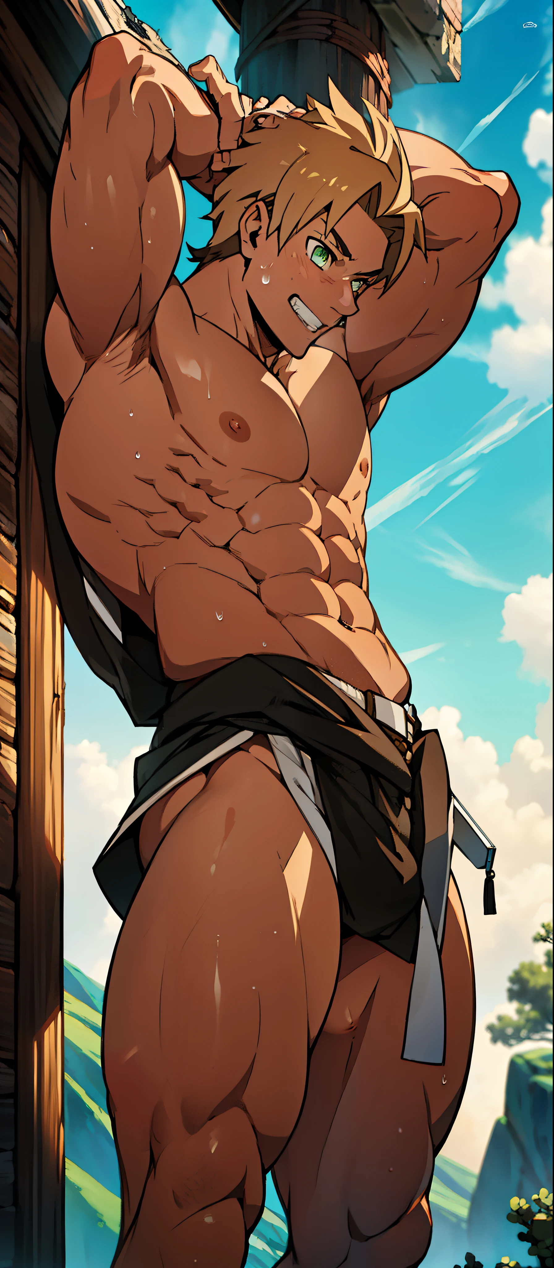 red skin, bright red skin, the boy blushed shyly , rosy skin, shiny skin(muscular thigh muscles )(Naruto anime style, art) (photo angle from bottom up) (photo angle from the ground upwards) [Anime photo][highest quality photo][4k,HD photo quality ] wear tight and short loincloths ,the loincloth bulges due to the erect male genitals (muscular thigh muscles, firm thigh muscles, muscular thigh muscles, sinewy thigh muscles, giant thigh muscles, strong leg muscles, muscular hamstring leg muscles)(thigh muscles bulging as if about to explode, muscular, calloused, sinewy, giant) , Rudeus Greyrat,fun, happy,bodybuilder,bodybuilding, standing, lots of sweat flowing down, topless, shirtless, hot sunny, 8 pack abs , short hair , green eyes