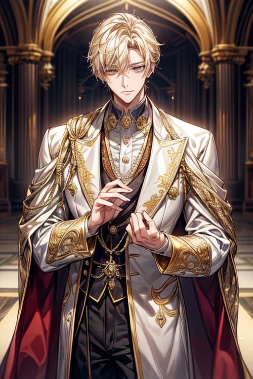 ((​masterpiece:1.2、top-quality))、1male people(((short straight detailed hair、Golden hair)))、Golden Eyes(a handsome:1.4)、long eyelashes、white suit、Fantasia、校服、royalty、blooming flowers、sunlights、royal hall hall、 Detailed background, 拡散sunlights、extra detailed face、A slight smil、Depiction in motion、Tホテルの​masterpiece，best qualtiy，As a man-、アニメa handsomeな男,Wearing strict royal attire, white and gold royal costume, a handsomeなアニメのポーズ, a handsomeな見事なリアルな,Eyes are yellow、A sexy、Tall、190cm、manly、handsome man、Beautiful shape、Best style、cool expression、