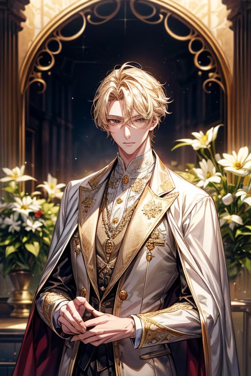 ((masterpiece:1.2、top-quality))、1male people(((short straight detailed hair、Golden hair)))、Golden Eyes(a handsome:1.4)、long eyelashes、white suit、Fantasia、校服、royalty、blooming flowers、sunlights、royal hall hall、 Detailed background, 拡散sunlights、extra detailed face、A slight smil、Depiction in motion、Tホテルのmasterpiece,best qualtiy,As a man-、アニメa handsomeな男,Wearing strict royal attire, white and gold royal costume, a handsomeなアニメのポーズ, a handsomeな見事なリアルな,Eyes are yellow、A sexy、Tall、190cm、manly、handsome man、Beautiful shape、Best style、cool expression、