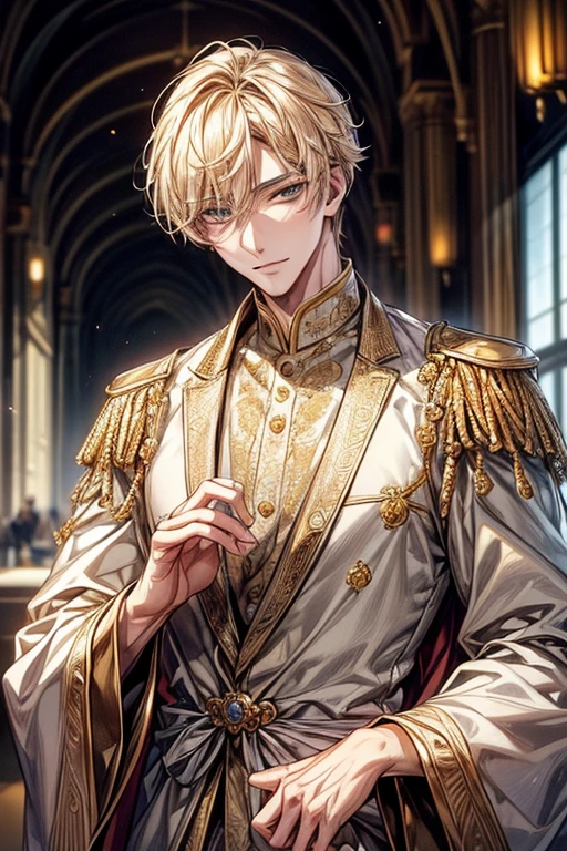 ((masterpiece:1.2、top-quality))、1male people(((short straight detailed hair、Golden hair)))、Golden Eyes(a handsome:1.4)、long eyelashes、Fantasia、校服、royalty、blooming flowers、sunlights、royal hall hall、 Detailed background, 拡散sunlights、extra detailed face、A slight smil、Depiction in motion、Tホテルのmasterpiece,best qualtiy,As a man-、アニメa handsomeな男,Wearing strict royal attire, white and gold royal costume, a handsomeなアニメのポーズ, a handsomeな見事なリアルな,Eyes are yellow、A sexy、Tall、190cm、manly、handsome man、Beautiful shape、Best style、cool expression、