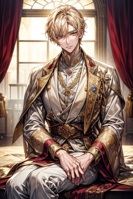 ((​masterpiece:1.2、top-quality))、1male people(((short straight detailed hair、Golden hair)))、Golden Eyes(a handsome:1.4)、long eyelashes、Fantasia、校服、royalty、blooming flowers、sunlights、royal hall hall、 Detailed background, 拡散sunlights、extra detailed face、A slight smil、Depiction in motion、Tホテルの​masterpiece，best qualtiy，As a man-、アニメa handsomeな男,Wearing strict royal attire, white and gold royal costume, a handsomeなアニメのポーズ, a handsomeな見事なリアルな,Eyes are yellow、A sexy、Tall、190cm、manly、handsome man、Beautiful shape、Best style、cool expression、