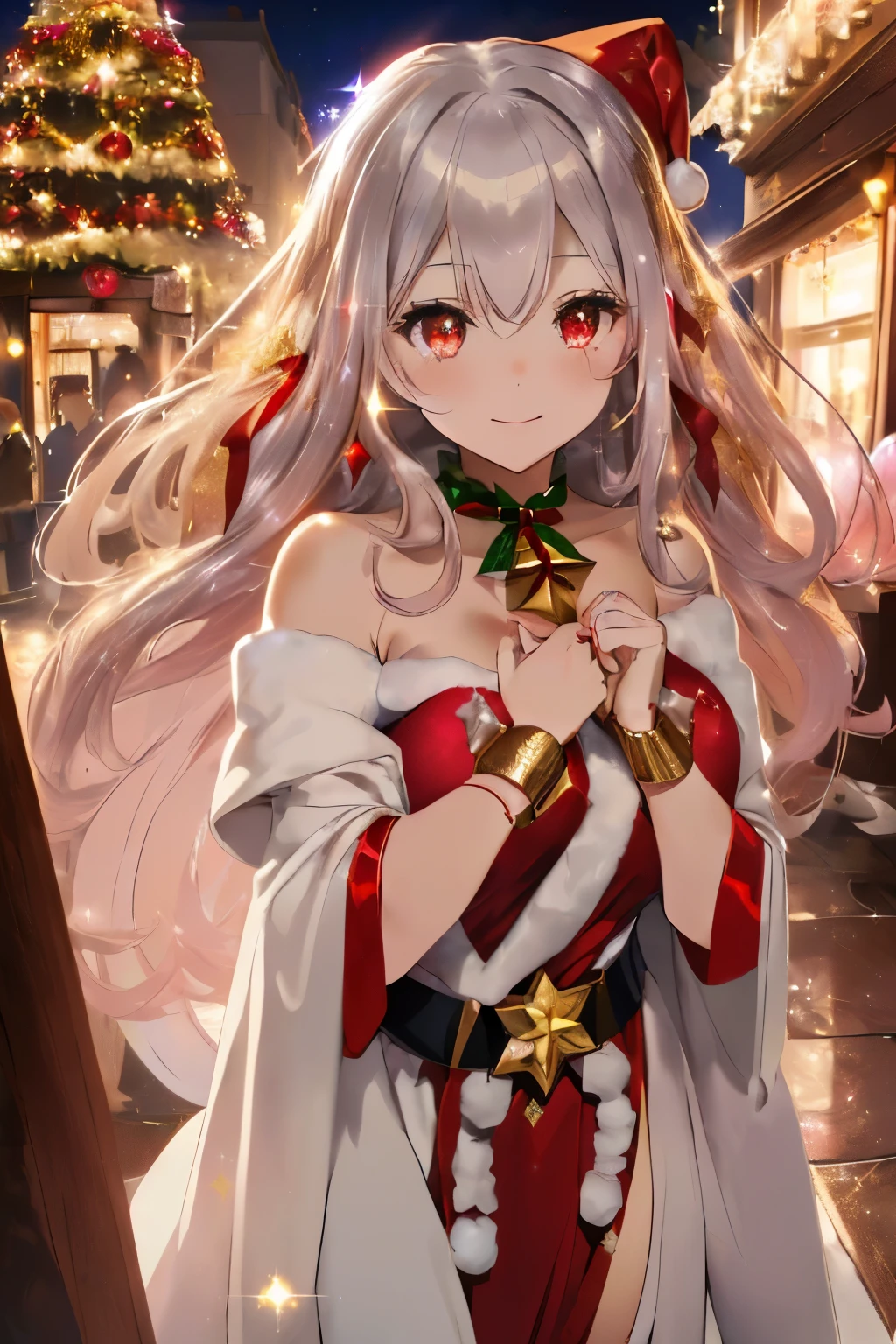 NSFW,masterpiece,Highest quality,High resolution,Very detailed,Joan of Arc Horta Santa Lily\(Fate/grandorder\),Gray Hair,Headpiece,Golden Eyes,Small breasts,Santa costume,Nightlife,In town