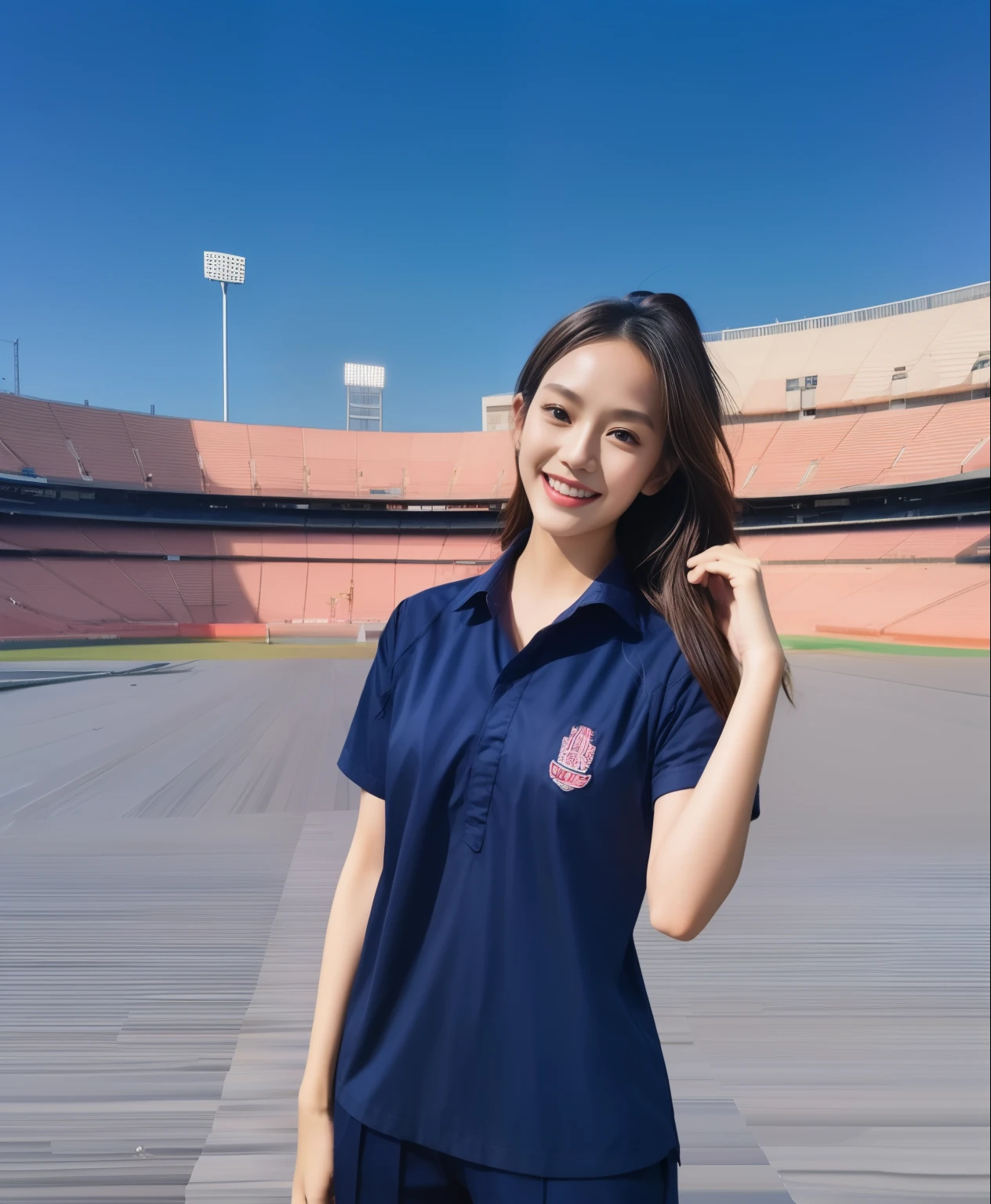 (bestquality,10,10,highres,masterpiece:1.2),ultra-detail,(Realistic,ภาพRealistic,photo-realistic:1.37),1 Cute girl in the football field,oily shiny skin,bara,light smile,BDclothelue shirt:1.3)),short sleeves,shirt, trousers.,(navy_long_ติดตามtrousers:1.1), ((Stadium Background:1.3)),dynamic angle,excited,face focus,Dynamic Poses,from behide,Ass Focus,masterpiece, bestquality, ultra realistic, hyper-detail, 8k resolution, RAW photo, crisp focus, ((Navy blue shirt:1.1)), short sleeves, เส้นทางlong, Complete bodyแบบ, 2 mature women, 18yo, cinematic light,trousersวอร์มสีน้ําเงิน,Gymware,Correct anatomy,Complete body, Correct body, sharp face, Correct bodyทางกายวิภาค, full entire body, Realistic gestures, long-haired, Realistic poses,Wear long shorts..............................,ช่วงขาlong,Shapely,Sculpting Girl, Slender Figure, mannequin mannequins, Shapely, Beautiful body,trousersวอร์มสีน้ําเงิน, Two girls kissing