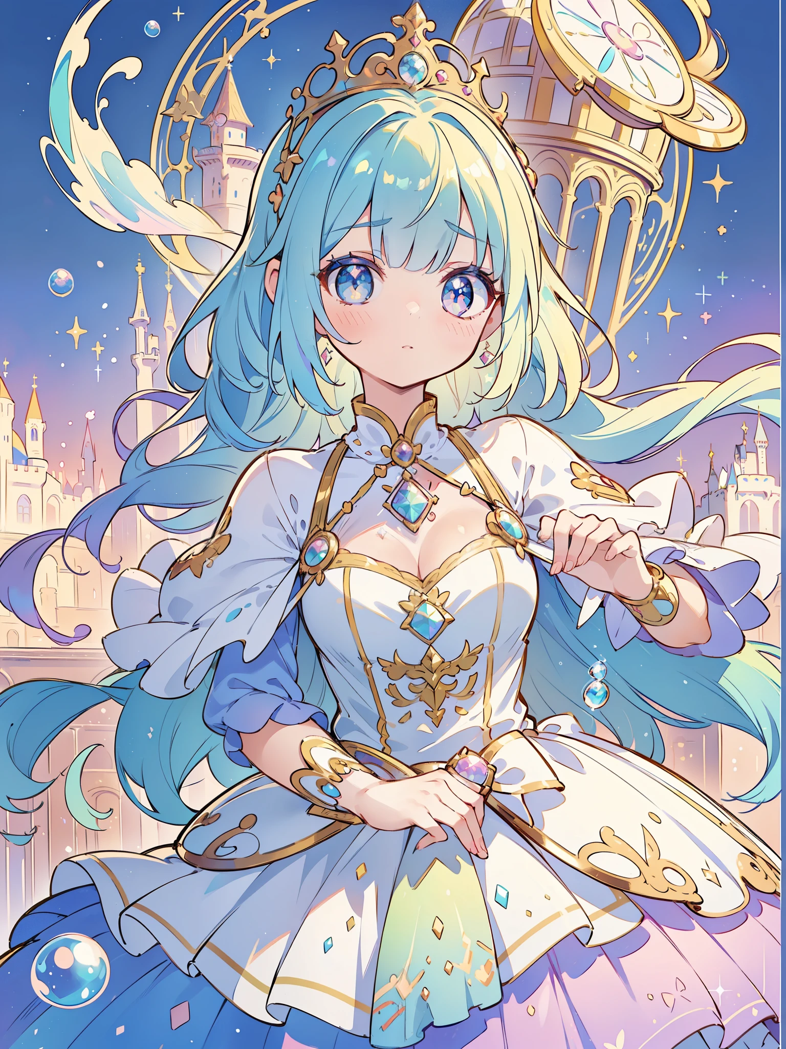 masterpiece, best quality, 8k resolution, sharp focus, intricate detail, beautiful girl, sparkling eyes, golden ratio face, otherworldly liquid, watercolor, ((pastel colorright colors, whimsical, colorful, sharp focus, high resolution, fine detail, princess fantasy ballgown, ((round eyes)), iridescent bubbles, castle landscape in background