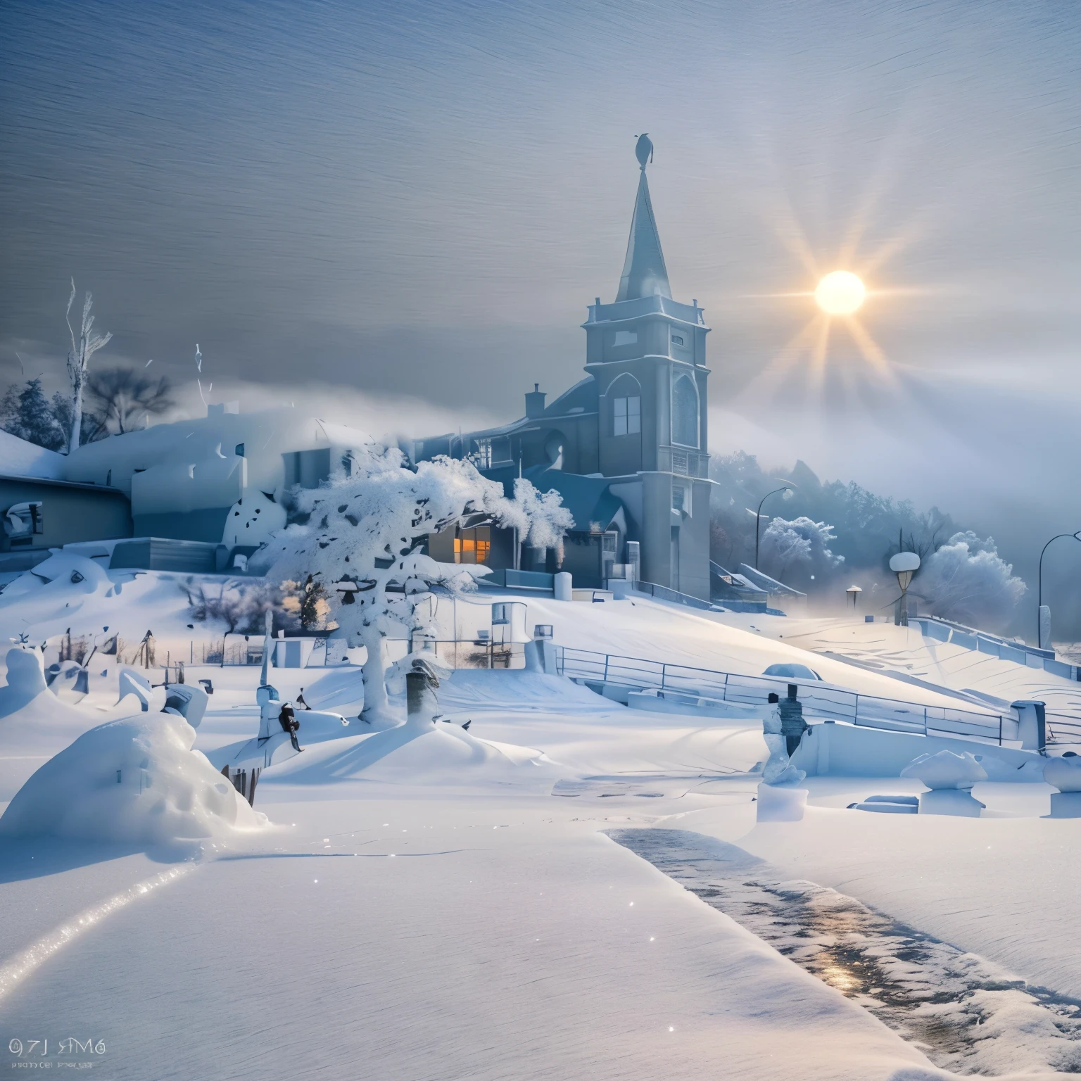 at winter season,Oyuki,snow landscape,The tree,(((Rime))),the setting sun,thin fog,Dingdall effect,super-fine,tmasterpiece,8K,depth of fields,ultra - detailed,Meticulous portrayal,Ultra photo realsisim,Hyper-realistic
