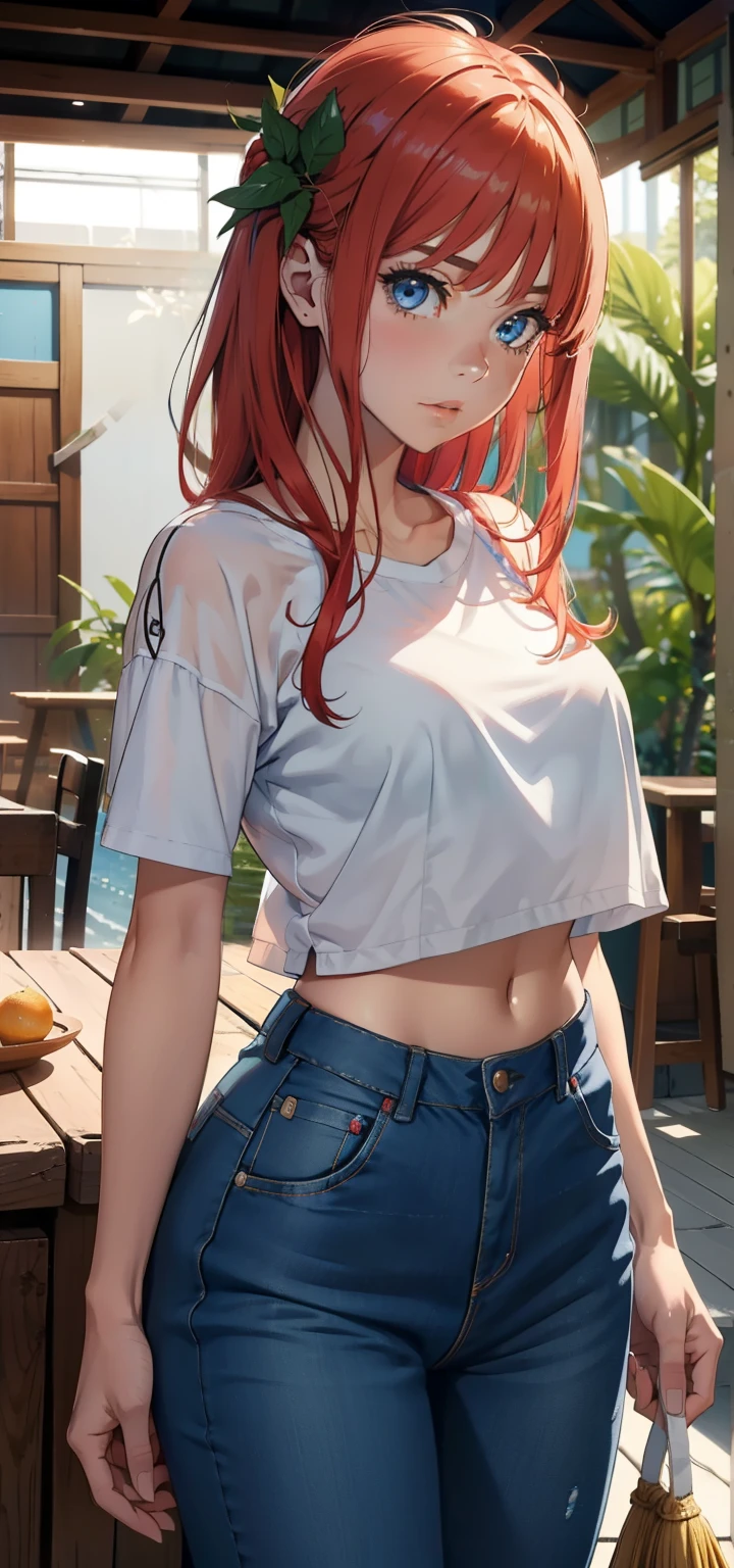 Nino nakano de 5-toubun no hanayome，18 anos，seios grandes cintura fina，pernas longas, solo，（Antecedentes com：Forrest de Bambu，lotuselor de lotuses，Ao ar livre，Lagoa de lotuses） Ela tem cabelo ruivo curto，standing on her feet，suar profusamencharcado por todo o corpo，visto de frente， cabelos lisos， mostly cloudy sky，（（（tmasterpiece），（Muito detalhado CG unidade 8k papel de parede），melhor qualidade，cinmatic lighting，fundo detalhado，lindos olhos detalhados olhos，（Muito fino e bonito），（Beautiful and detailed eye description），Ultra - Detalhado，tmasterpiece，）），Facing the camera squarely，A high resolution，Ultra - Detalhado, sexy，Pele com dedos de camelo,（Jaqueta de beisebol vermelha，Jeans revelador sexy，Sports Tennioto nakenesrontal