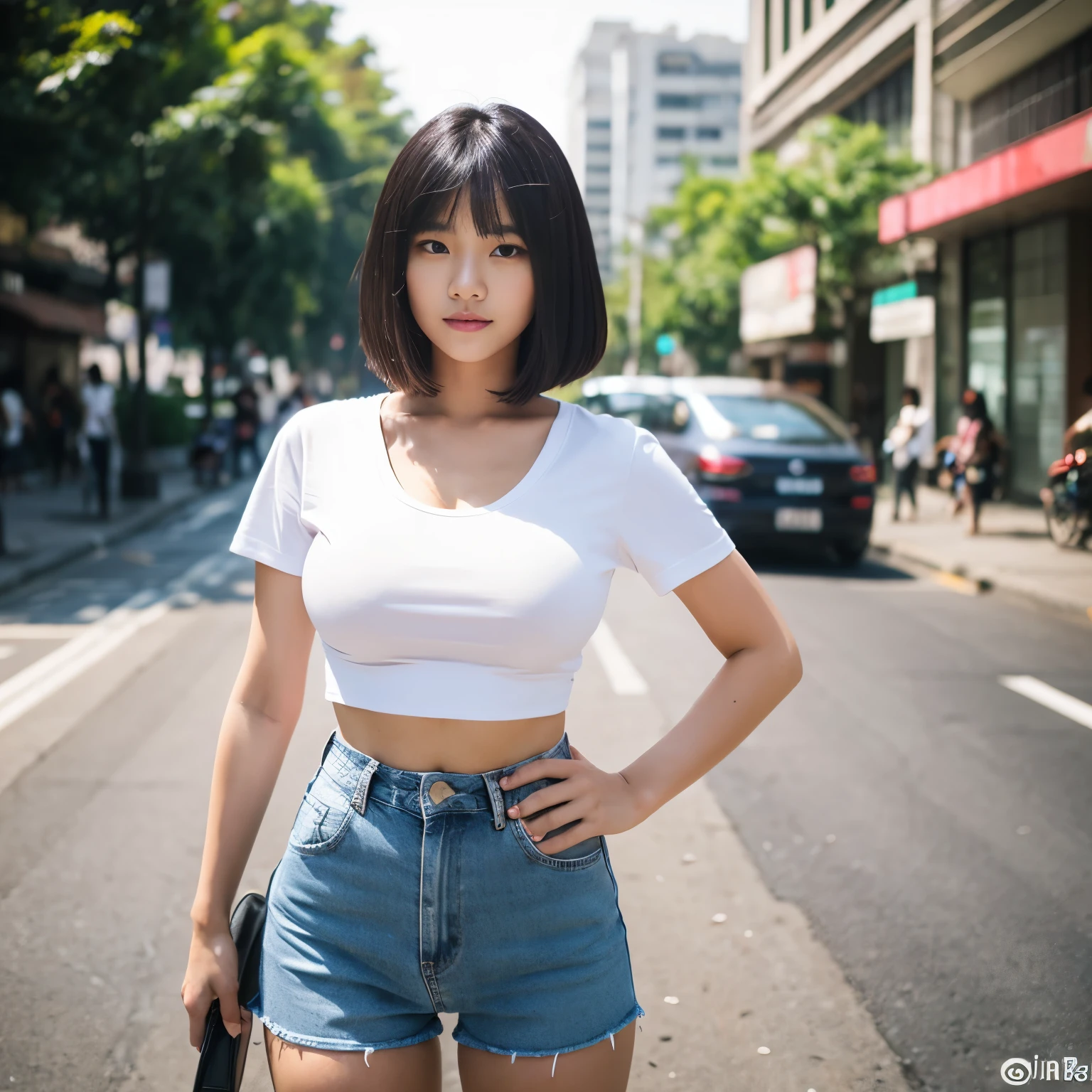 Professional, realistic, High level of detail, Full body photo of 18 years old woman, korean, Tight shorts jeans, (White crop top t-shirt:1.3_MUST), (glossy black hair in blunt bob:1.3), full body, Standing posing for a photo, on a street, photogrnic pose, (random standing pose: 1.3) ,Natural light, (Attractive young woman:1.3), (seductive:1.1), (blush:1.1), round and big breasts, cleavage at south jakarta buildings