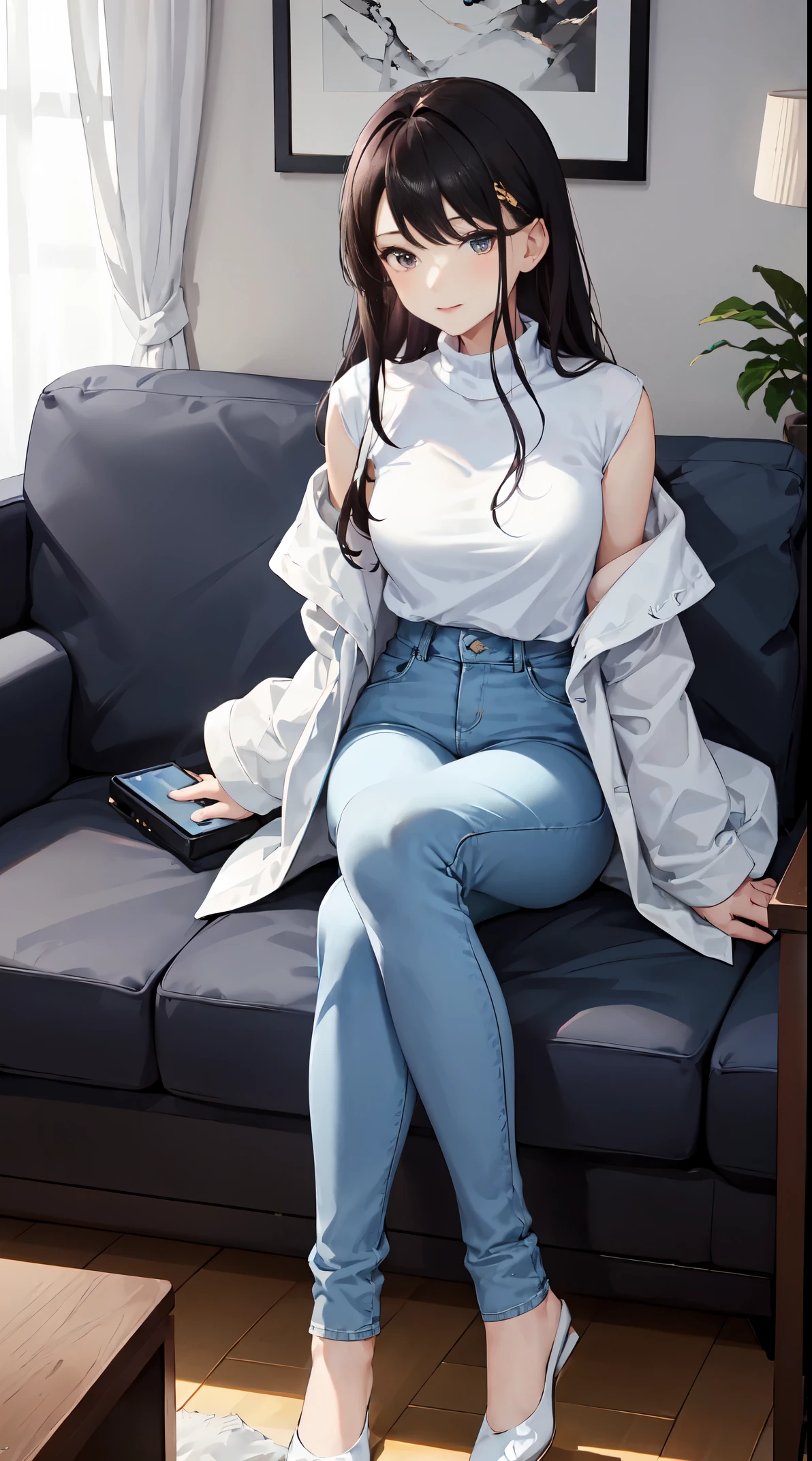 4k高清，1girll, 独奏, she is wearing a white coat，wearing a denim pants，The large，sitting in the couch，特别The large，Perfect handlack color hair