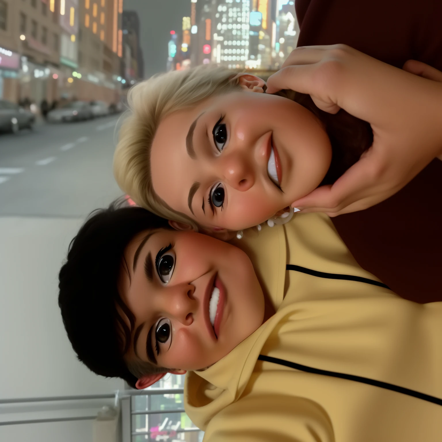 there are two people standing together in front of a city, in new york city, taken in the early 2020s, 8k selfie photograph, nyc, very very low quality picture, joey l, vacation photo, blurry image, momma and papa, selfie, jeffrey epstein, jeffery epstein, in new york, nixeu and greg rutkowski, leaked photo caricature draw