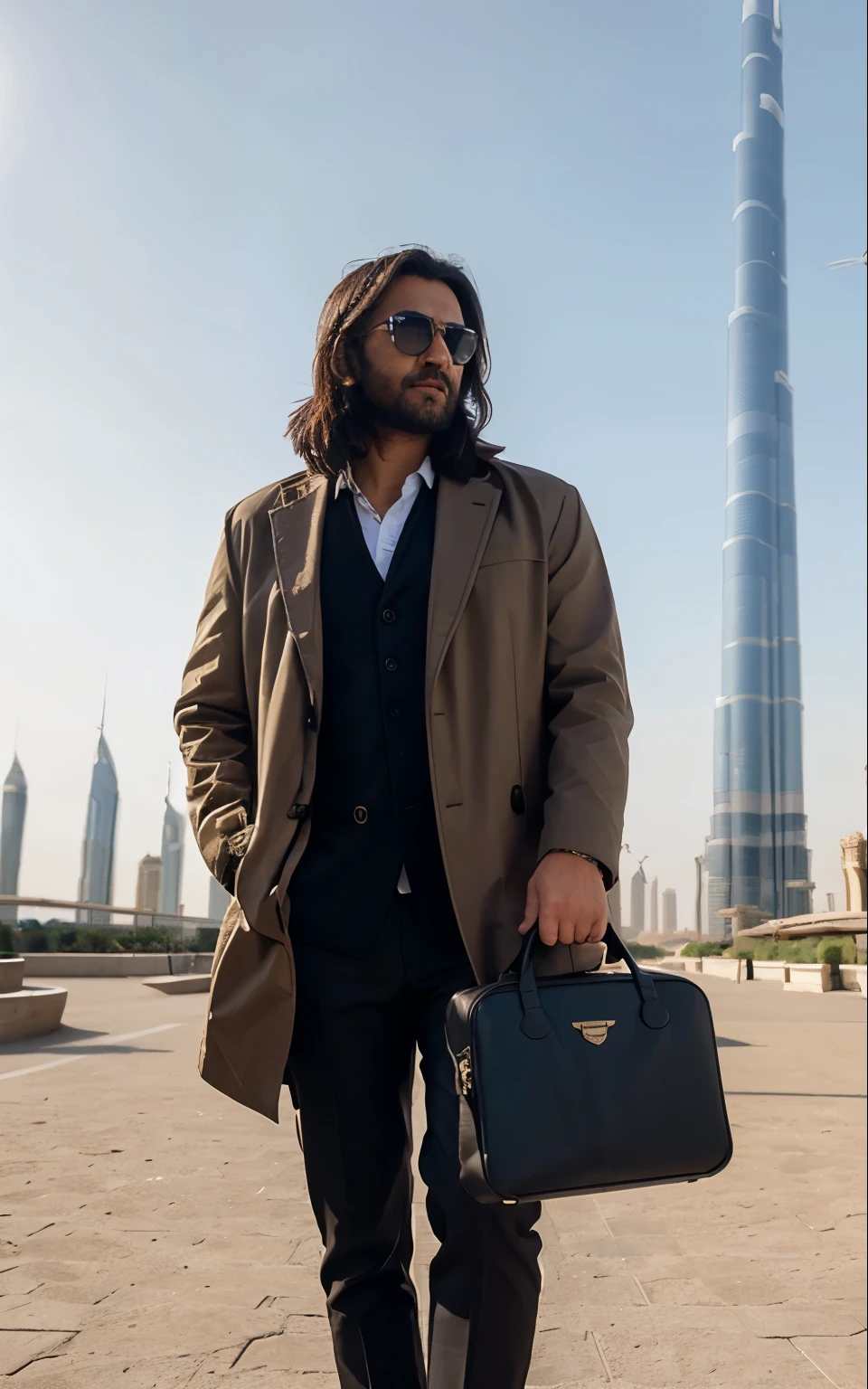Wearing coat pant, Wearing Sun Glasses ,Briefcase in the hand, Background Burjkhalifa 8k