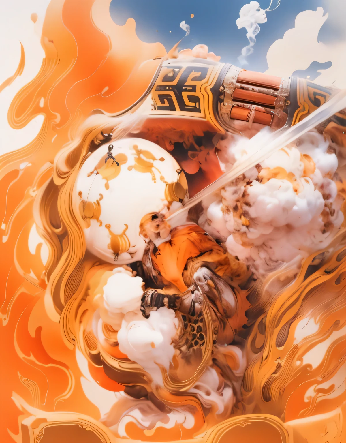 a complete monkey,There is fire and smoke behind,smoke of gunpowder,Image is complete