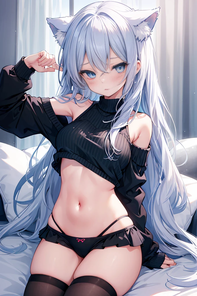 best quality, ultra precision, 1girl, cute, , young, boyish, childish, huge breasts, silver hair, cat ears, blue eyes, beautiful eyes, girl, ecstasy, sailor collar, estrus, metestrus, start to undress, naughty mood, she loves you, lost virgin, virgin, blush, sexy, beautiful skin, big bow on chest I'm not wearing panties BLUE SWEATER, BLACK SHIRT, SHIRT UNDER SWEATER, OFF SHOULDER TOP) Tsundere bikini