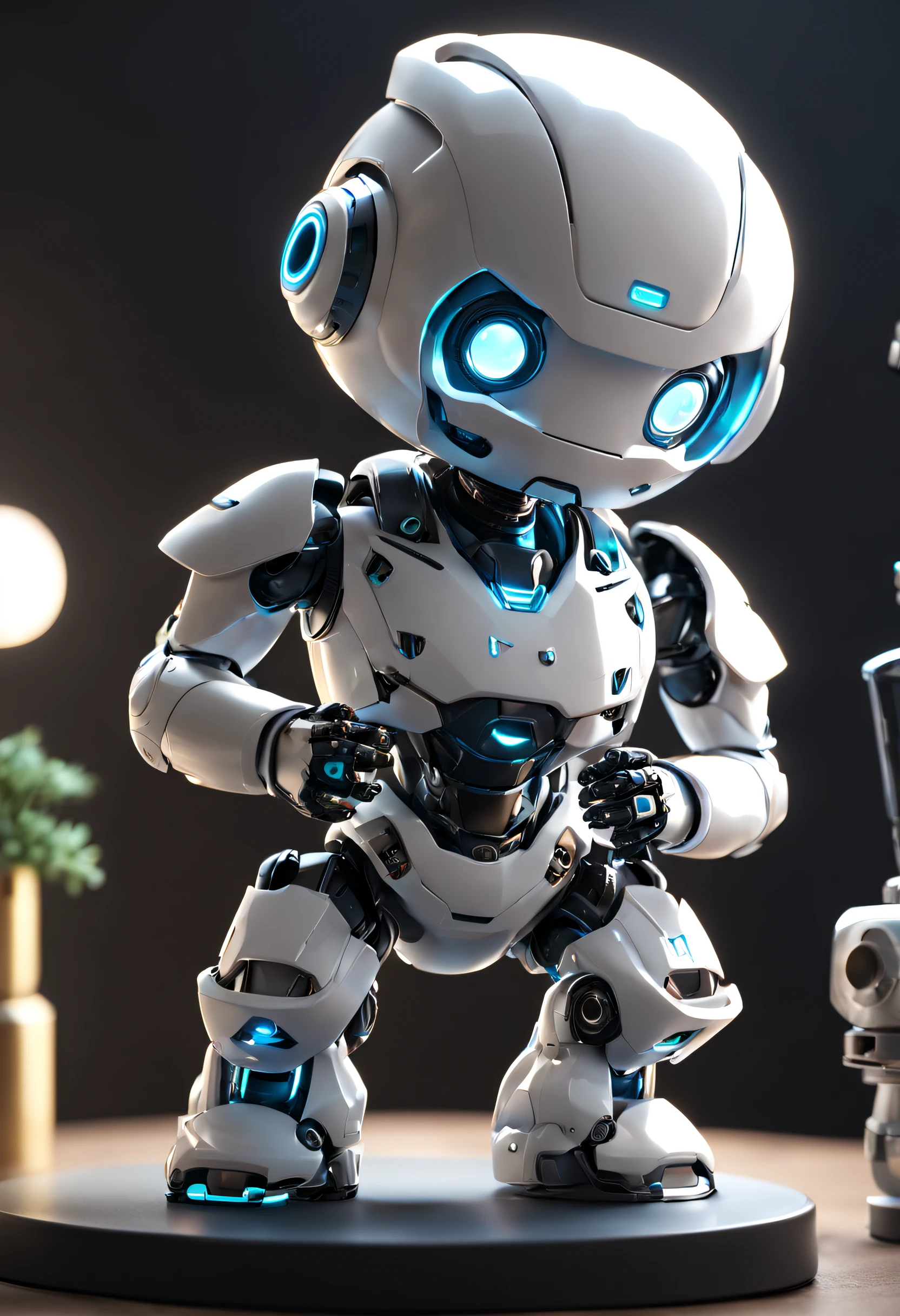 a close up of a robot on a table, a 3D render, by jeonseok lee, digital art, adorable glowing creature, style as nendoroid, with futuristic gear and helmet, glossy white armor