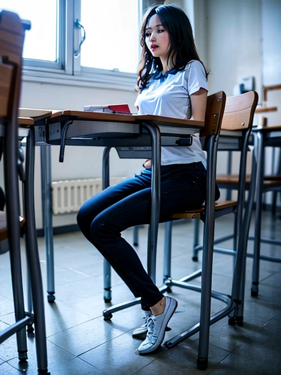 Best quality, tmasterpiece, 超高分辨率, realistically, A class full of 13-year-old junior high school girls took full body photos，Close-up of the crotch，Mushroom hairstyle，Black hair is folded into a beautiful face by the light，symptoms of urinary urgency，plump girl，Blue collar white pantyhose，The E cup sticks out tightly（），vacuum loading，（（Light blue yoga pants）），Cystocele，The shape is visible，(sit down and show),Nipples Fully Visible.,pastel colour,(I like to show my audience),(Show your audience your),slightly thicker thighs，Cross your legs tightly，（（（Schools force girls to abstain from 2400ml of urine for 24 hours））），Sit obediently on the chair in the classroom