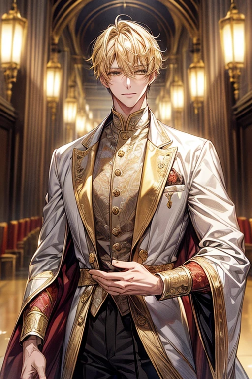 ((​masterpiece:1.2、top-quality))、1male people(((straight short hair、golden yellow hair)))、Yellow eyes(a handsome:1.4)、long eyelashes、Fantasia、校服、royalty、blooming flowers、sunlights、royal hall hall、 Detailed background, 拡散sunlights、extra detailed face、A slight smil、Depiction in motion、Tホテルの​masterpiece，best qualtiy，As a man-、アニメa handsomeな男,Wearing strict royal attire, white and gold royal costume, a handsomeなアニメのポーズ, A sexy、Tall、190cm、manly、handsome man、Beautiful shape、Best style、cool expression、