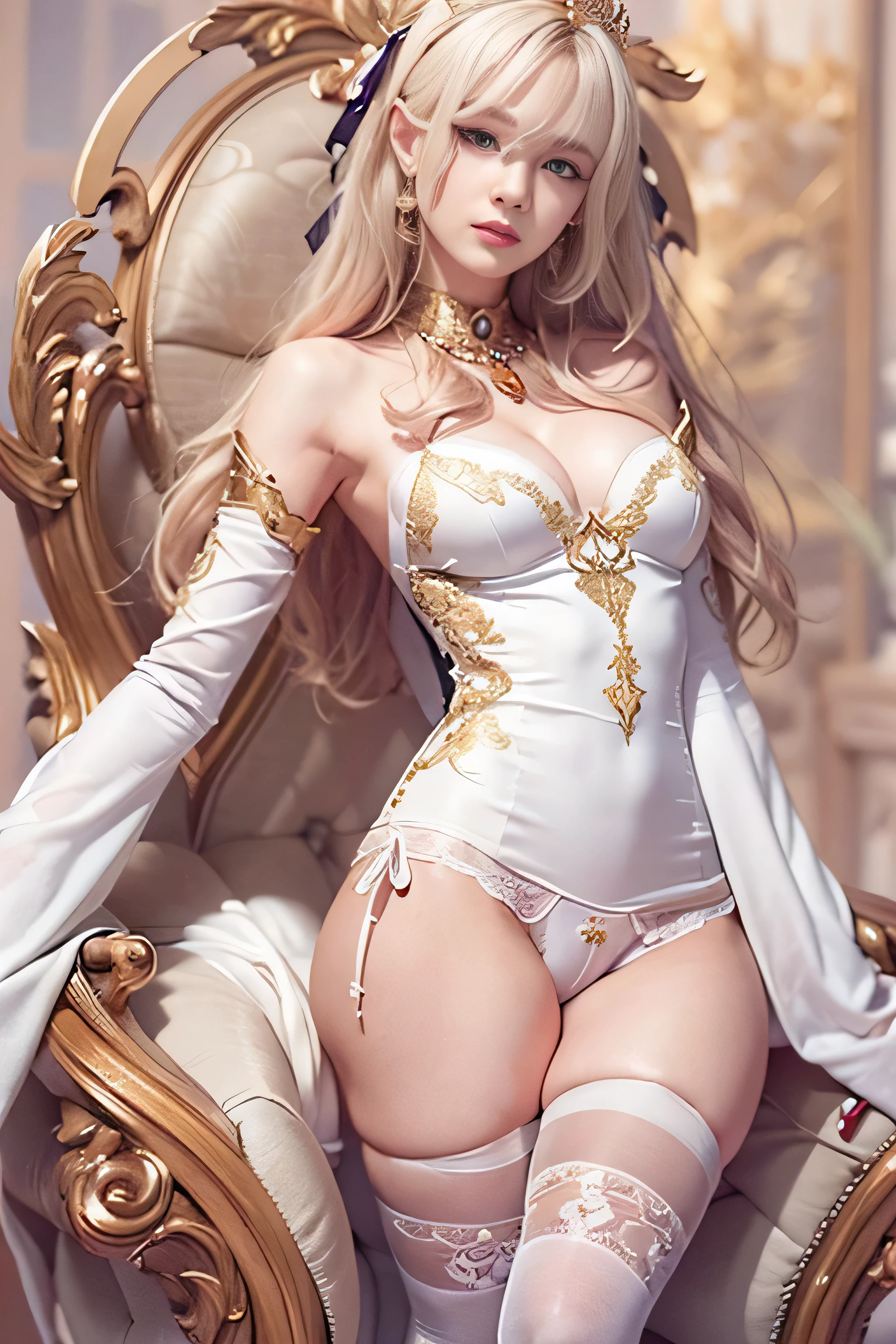 8K、top-quality、hight resolution、ultra-detailliert、masterpiece、(Raw photography:2)、realisitic:2、Photorealsitic:2、extremely delicate and beautiful、finely detail、1womanl、(Super beautiful)、(beauitful face:2)、(A detailed face:1.5)、(A detailed eye:1.2)、(Detailed nose:1.2)、(Detailed lips:1.2)、(1 Caucasian Woman:1.7)、(Solo:1.5)、(Sitting in the King's Chair:1.7)、(with spreading legs:2.5)、(Showing white panties:2)、(30-years old:1.5)、(Golden Medium Hair:1.5)、(Glamour)、(thick white short dress:2)、(Dressing:2)、(high-heels)、(Perfect female body:1.5)、(Perfect fingers)、(She has two legs:2)、(She has two arms)、(Grinning)、(Gold tiara)、a choker、a necklace、(耳环)、(1 screen display:1.7)、(luxurious palace)、(Fulll body Shot:1.7)